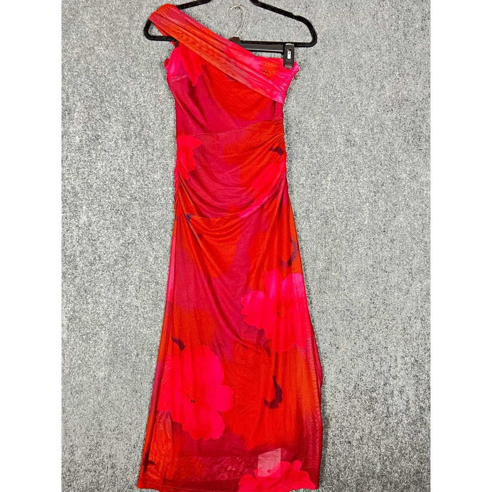Wenrine One Shoulder Ruched Floral Mesh Maxi Dress Red Pink Orange Women S